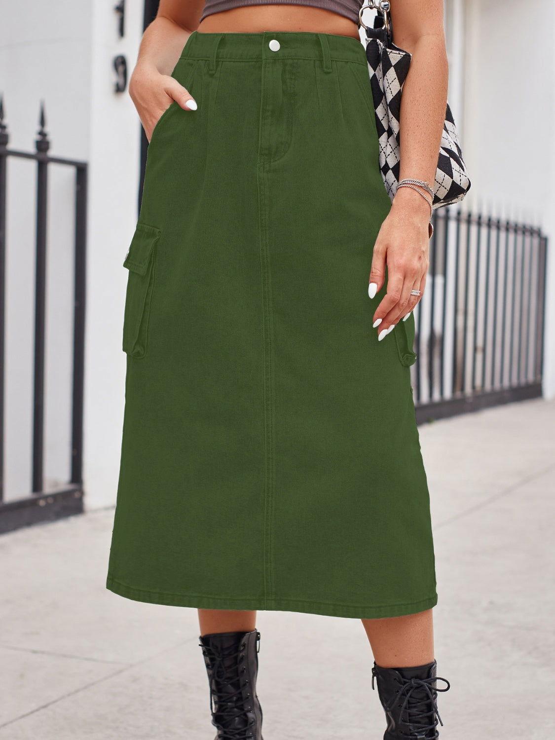 Slit Buttoned Denim Skirt with Pockets - Clothes For Her Online Store