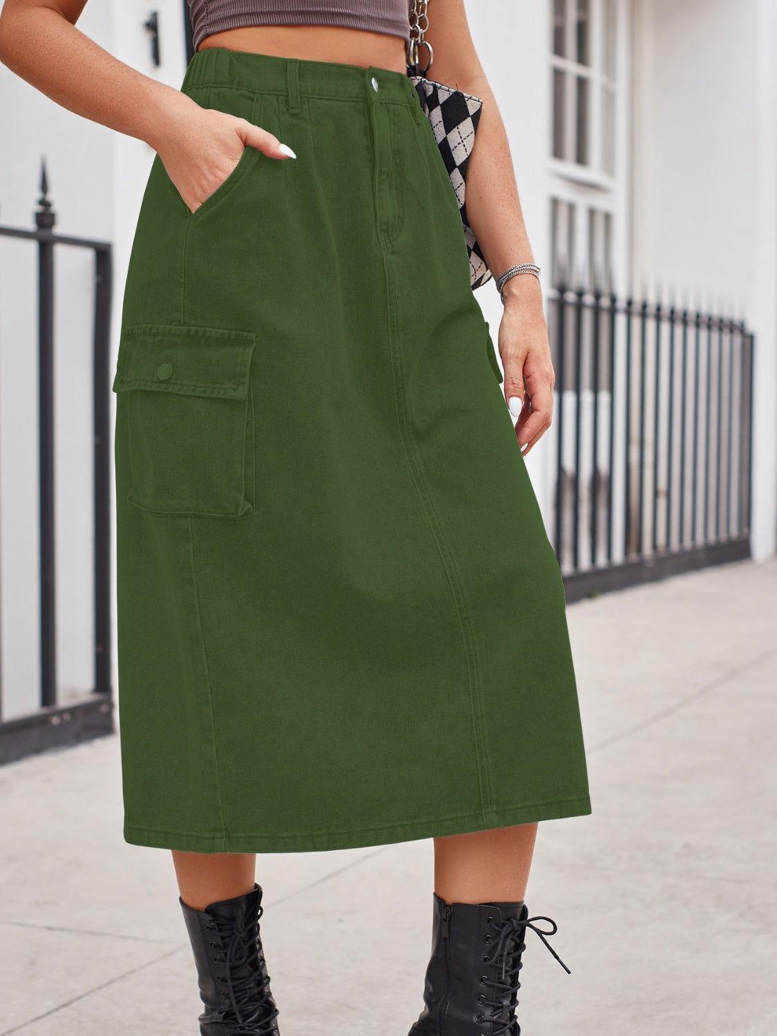 Slit Buttoned Denim Skirt with Pockets - Clothes For Her Online Store