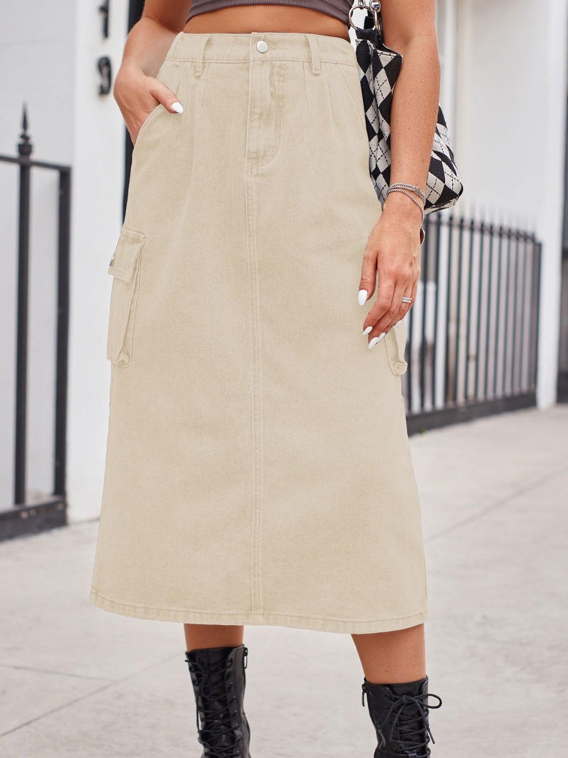 Slit Buttoned Denim Skirt with Pockets - Clothes For Her Online Store