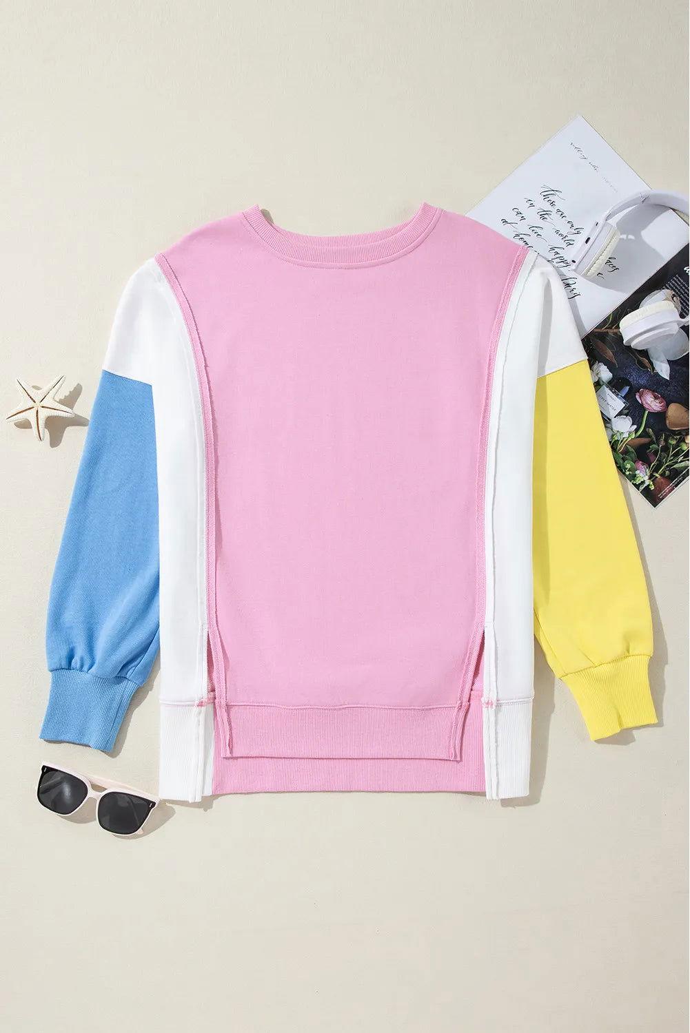 Slit Contrast Round Neck Long Sleeve Sweatshirt - Clothes For Her Online Store