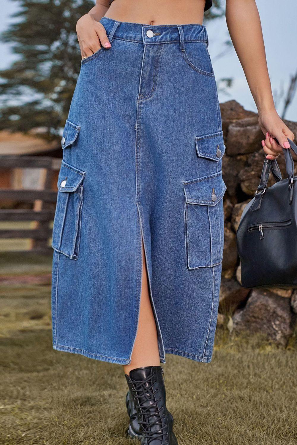 Slit Front Midi Denim Skirt with Pockets - Clothes For Her Online Store