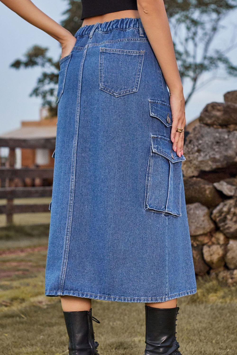 Slit Front Midi Denim Skirt with Pockets - Clothes For Her Online Store