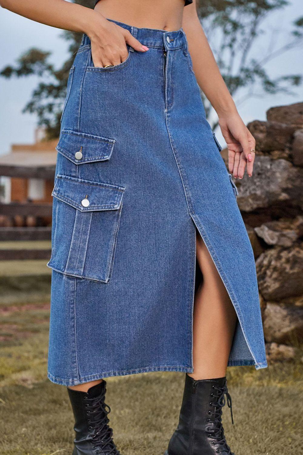 Slit Front Midi Denim Skirt with Pockets - Clothes For Her Online Store