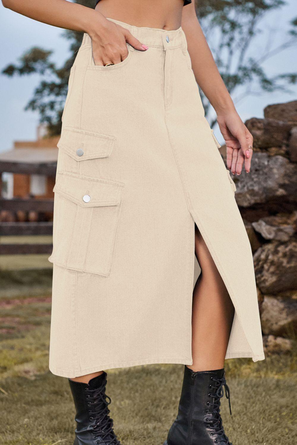 Slit Front Midi Denim Skirt with Pockets - Clothes For Her Online Store