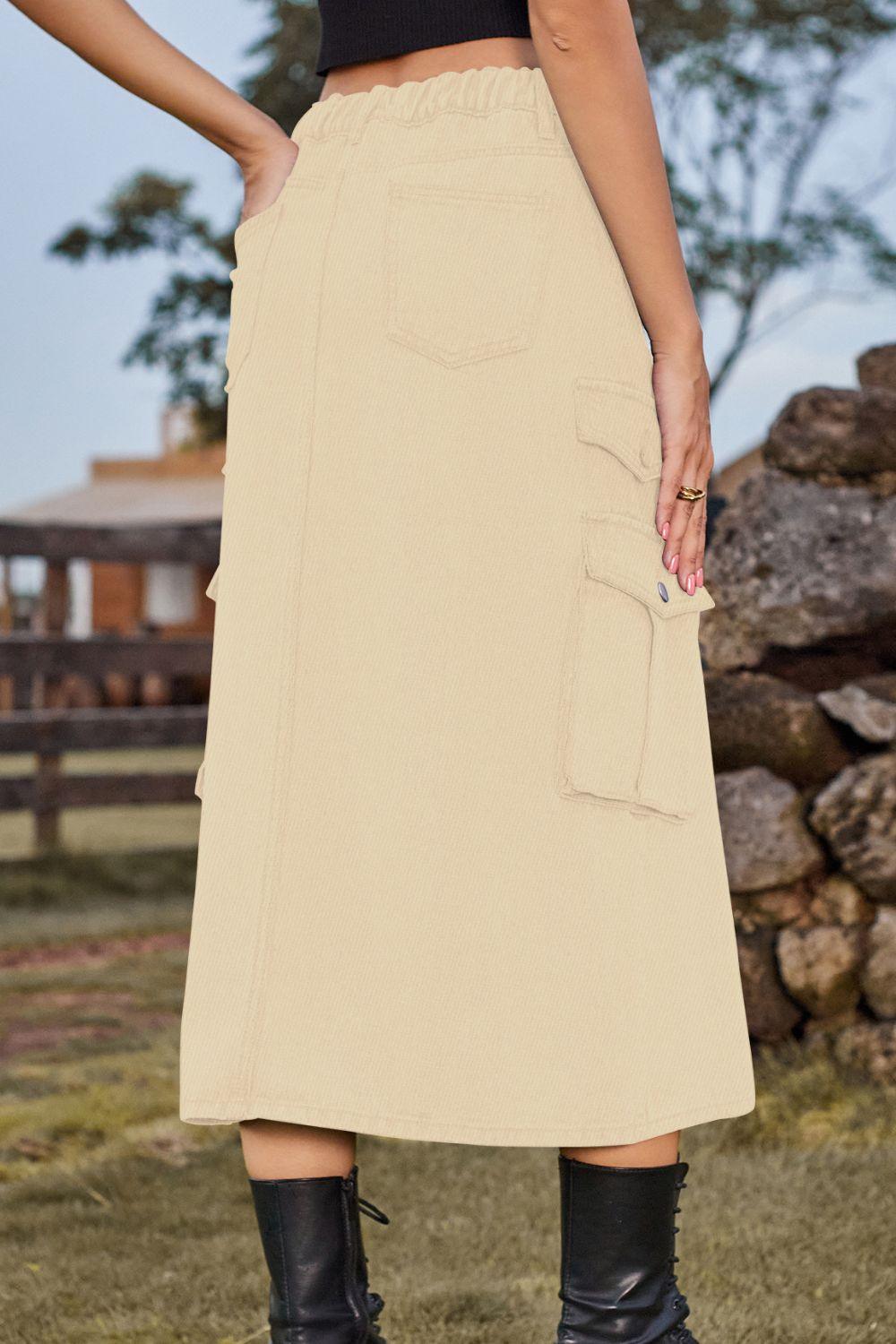 Slit Front Midi Denim Skirt with Pockets - Clothes For Her Online Store