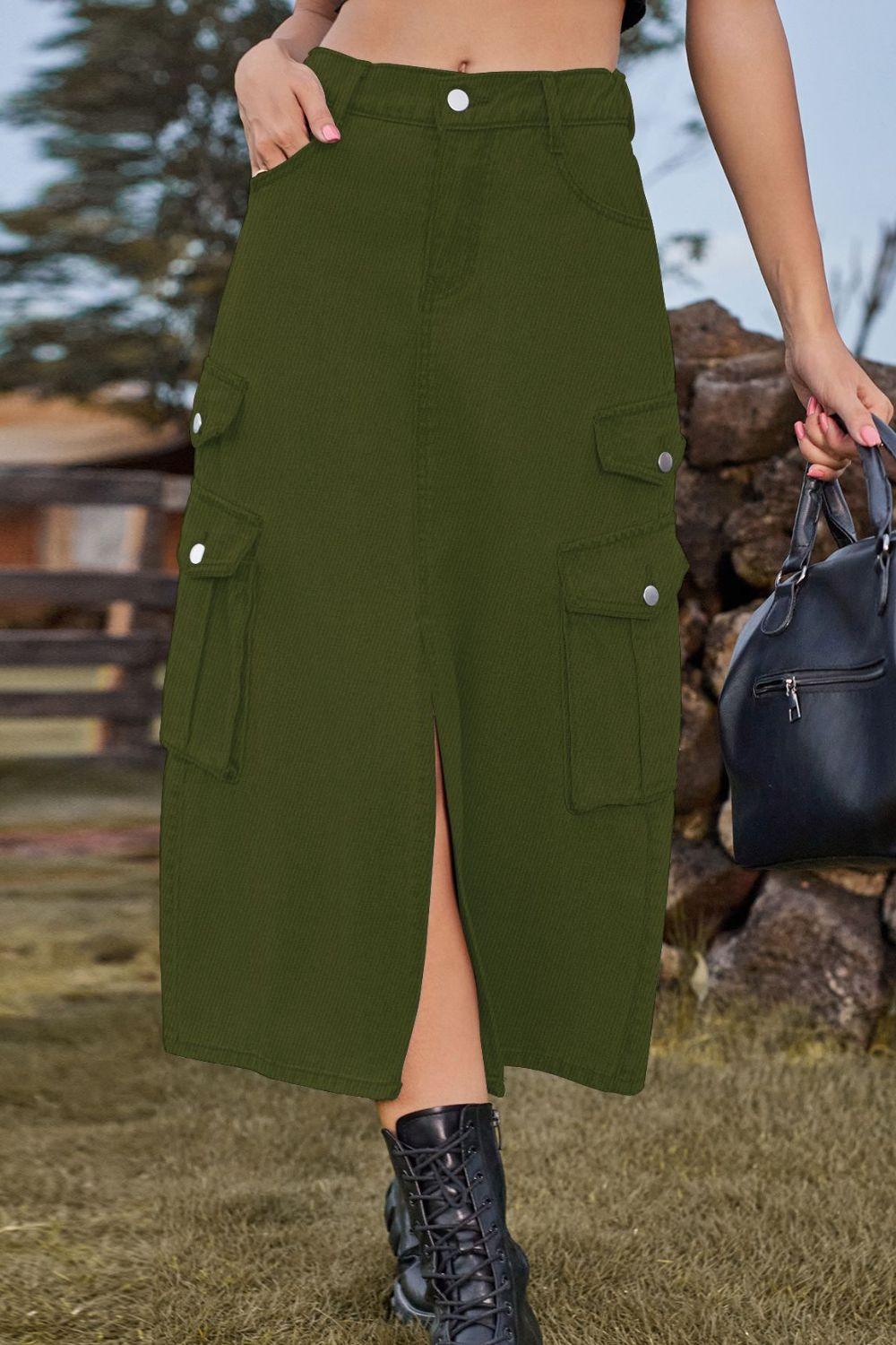 Slit Front Midi Denim Skirt with Pockets - Clothes For Her Online Store
