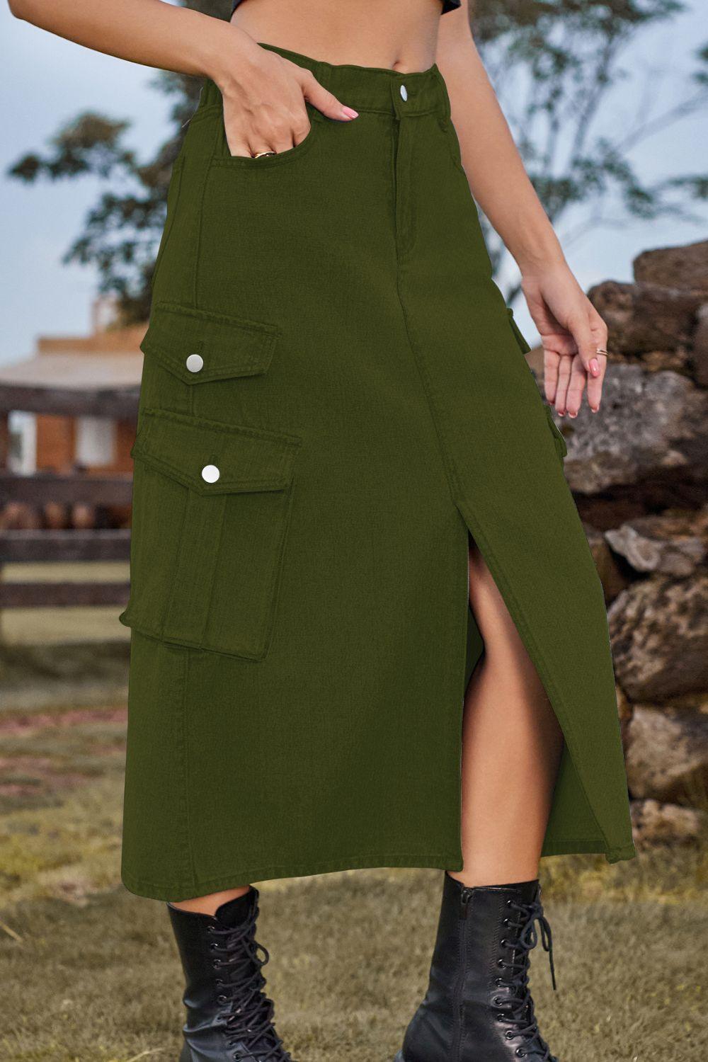 Slit Front Midi Denim Skirt with Pockets - Clothes For Her Online Store
