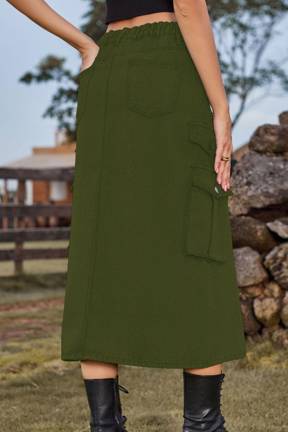 Slit Front Midi Denim Skirt with Pockets - Clothes For Her Online Store