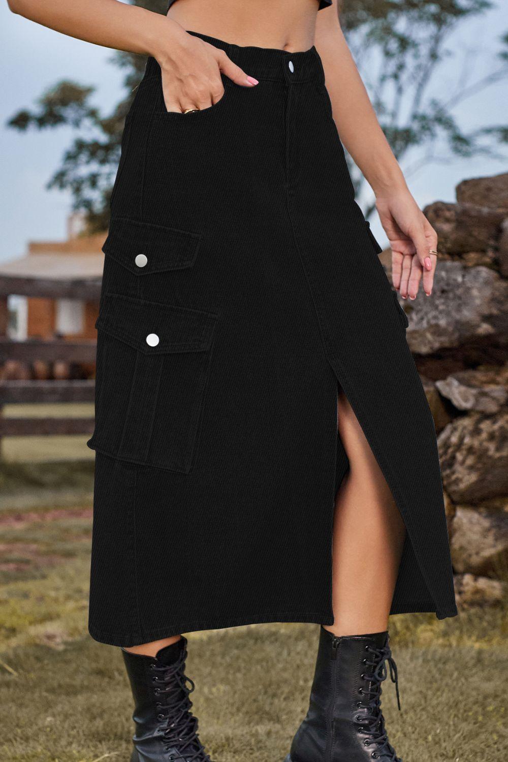 Slit Front Midi Denim Skirt with Pockets - Clothes For Her Online Store