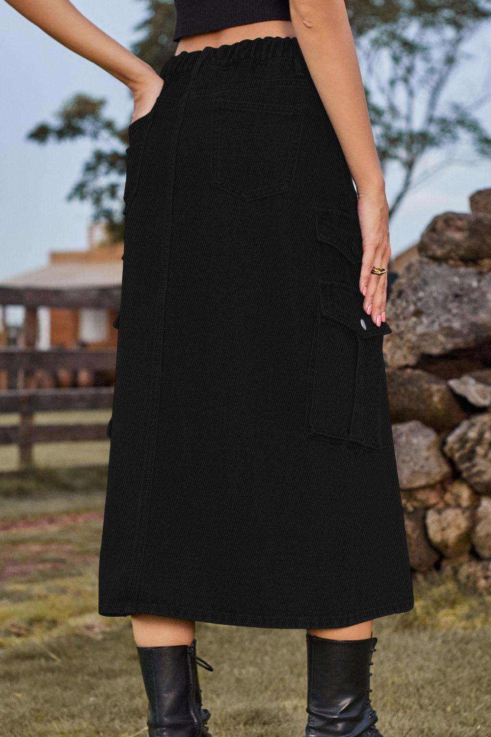 Slit Front Midi Denim Skirt with Pockets - Clothes For Her Online Store