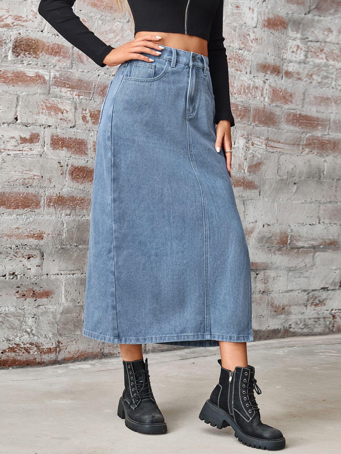 Slit High Waist Denim Skirt with Pockets - Clothes For Her Online Store