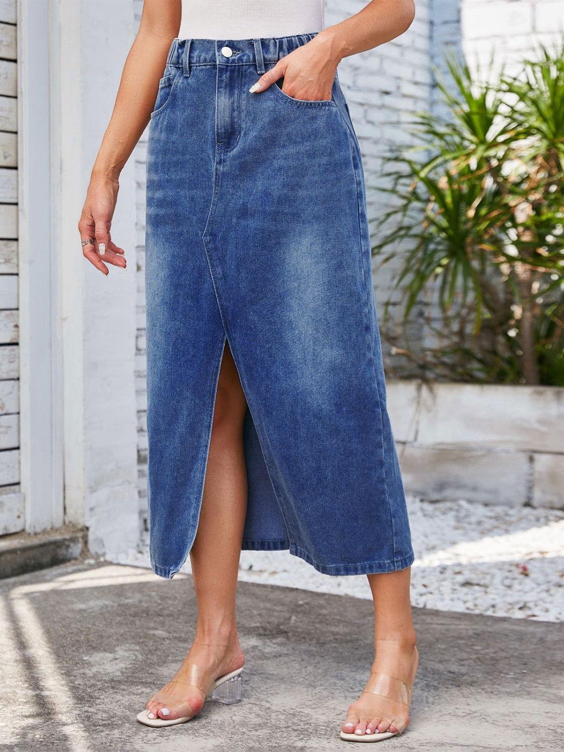 Slit Midi Denim Skirt with Pockets - Clothes For Her Online Store