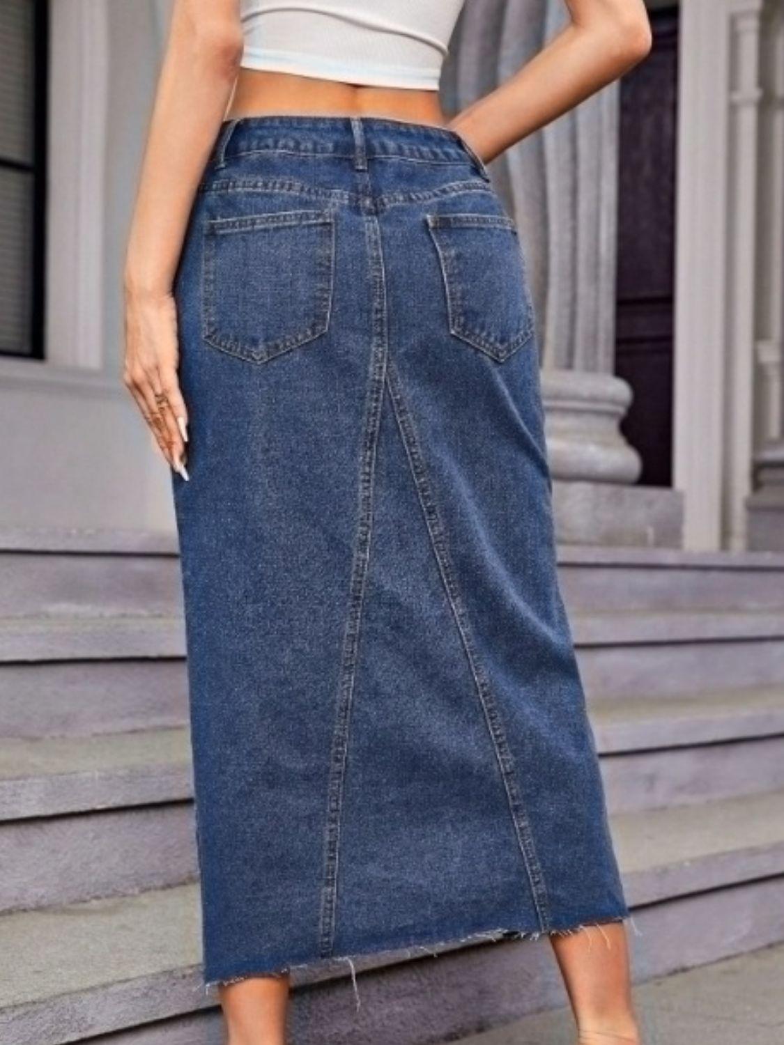 Slit Midi Denim Skirt with Pockets - Clothes For Her Online Store