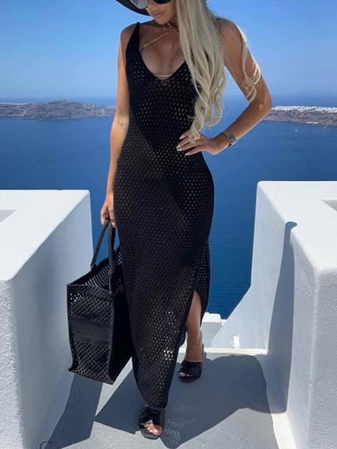 Slit Openwork V-Neck Sleeveless Cover Up - Clothes For Her Online Store
