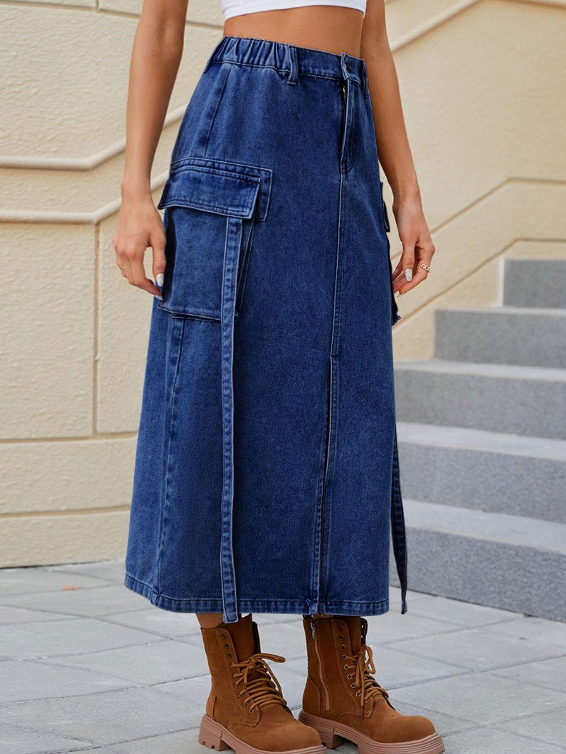 Slit Pocketed High Waist Denim Skirt - Clothes For Her Online Store