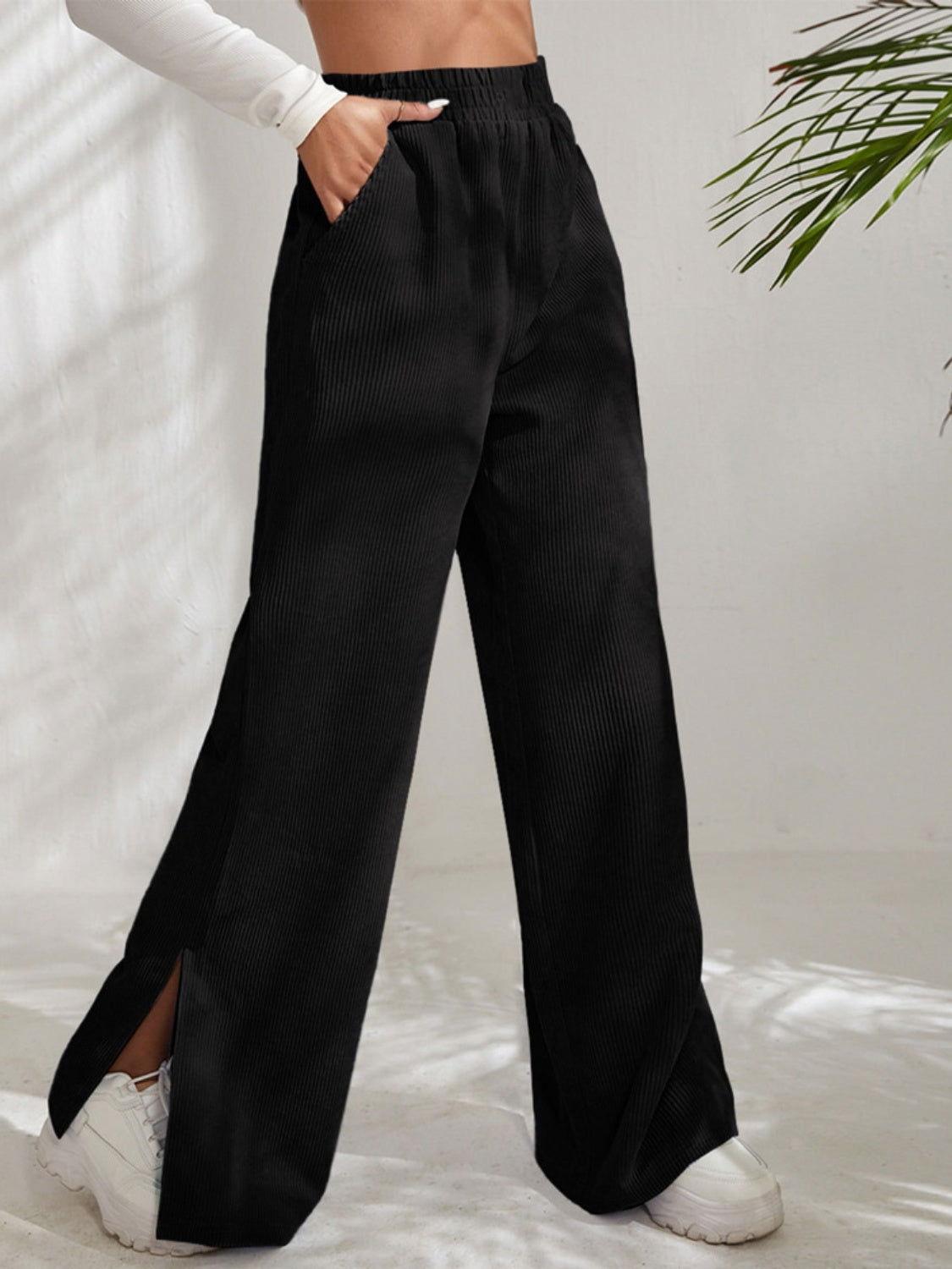 Slit Pocketed High Waist Wide Leg Pants - Clothes For Her Online Store