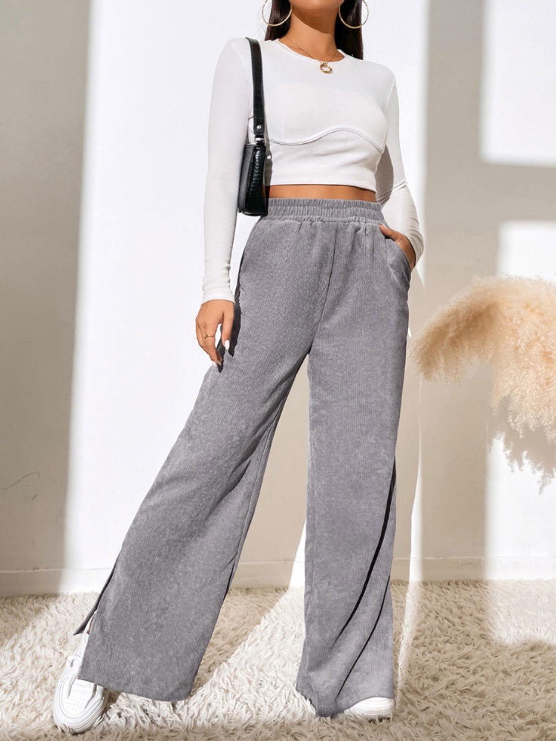 Slit Pocketed High Waist Wide Leg Pants - Clothes For Her Online Store