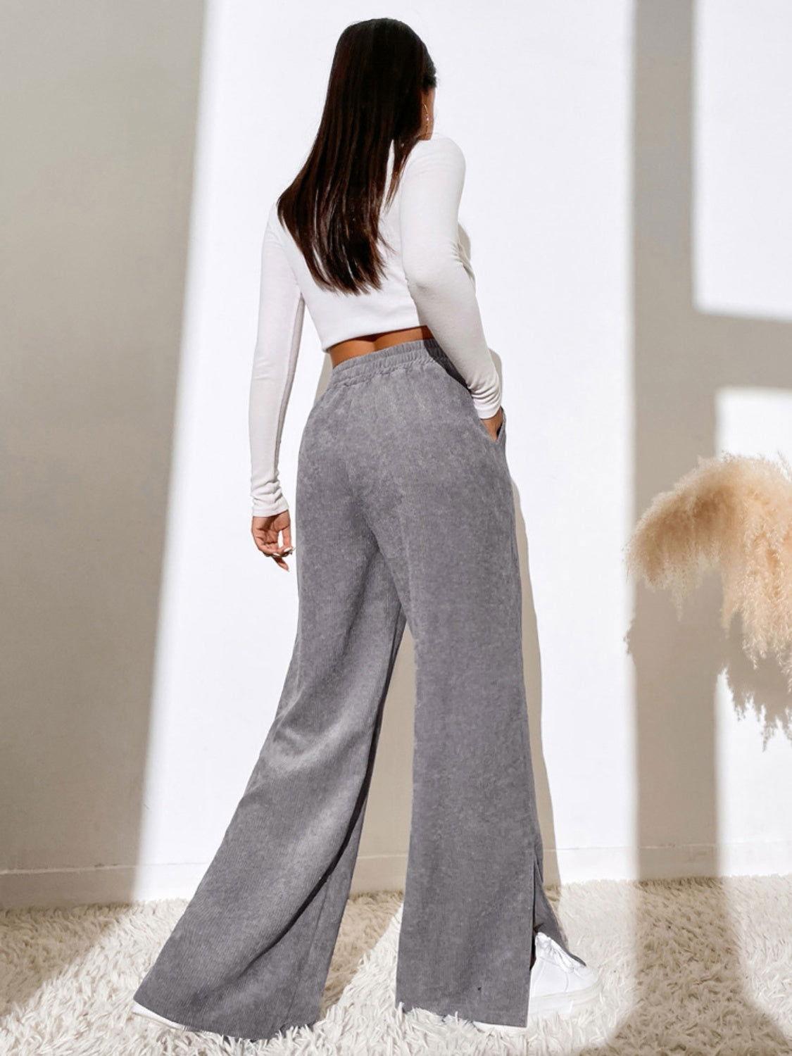 Slit Pocketed High Waist Wide Leg Pants - Clothes For Her Online Store