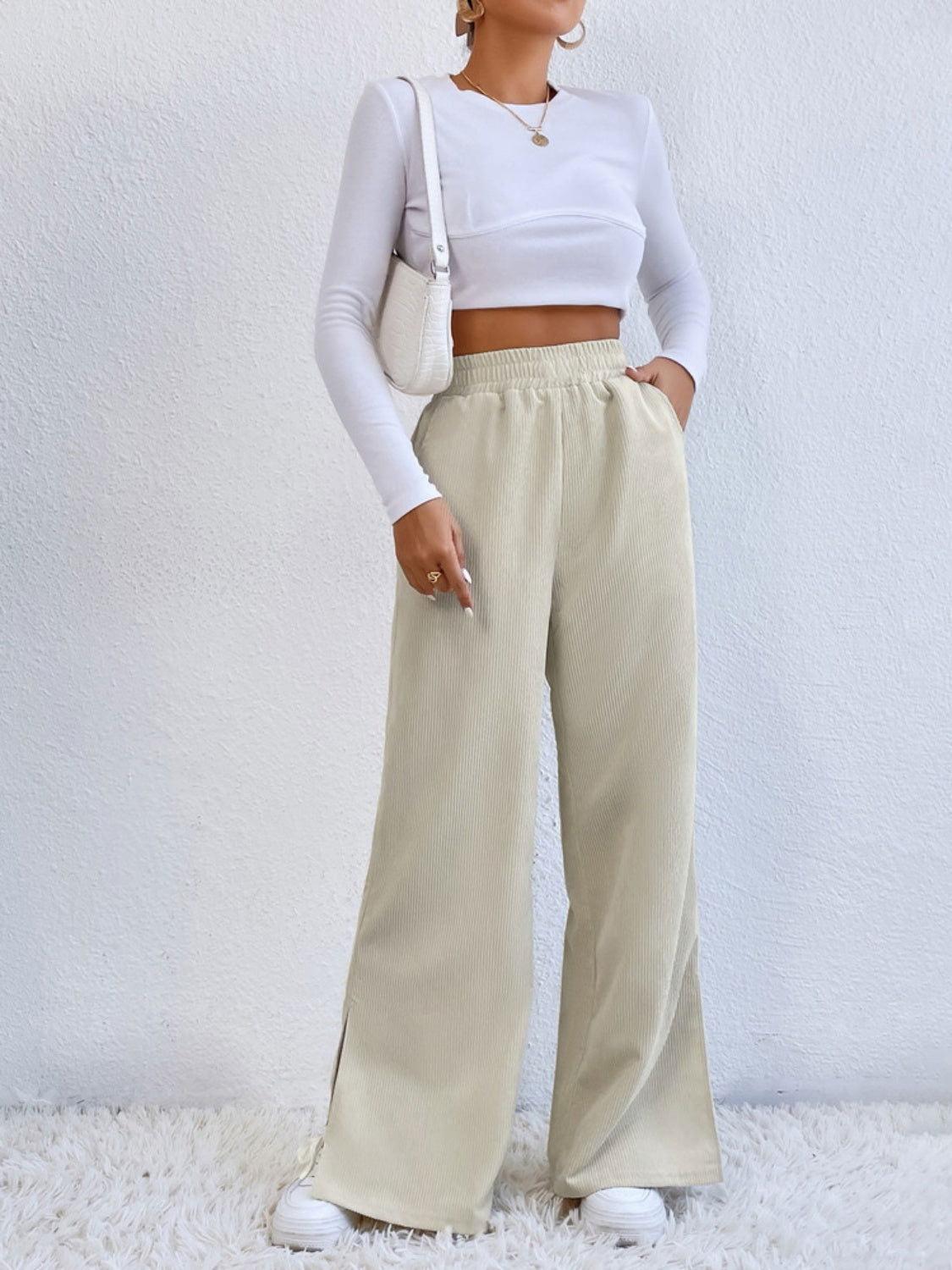 Slit Pocketed High Waist Wide Leg Pants - Clothes For Her Online Store