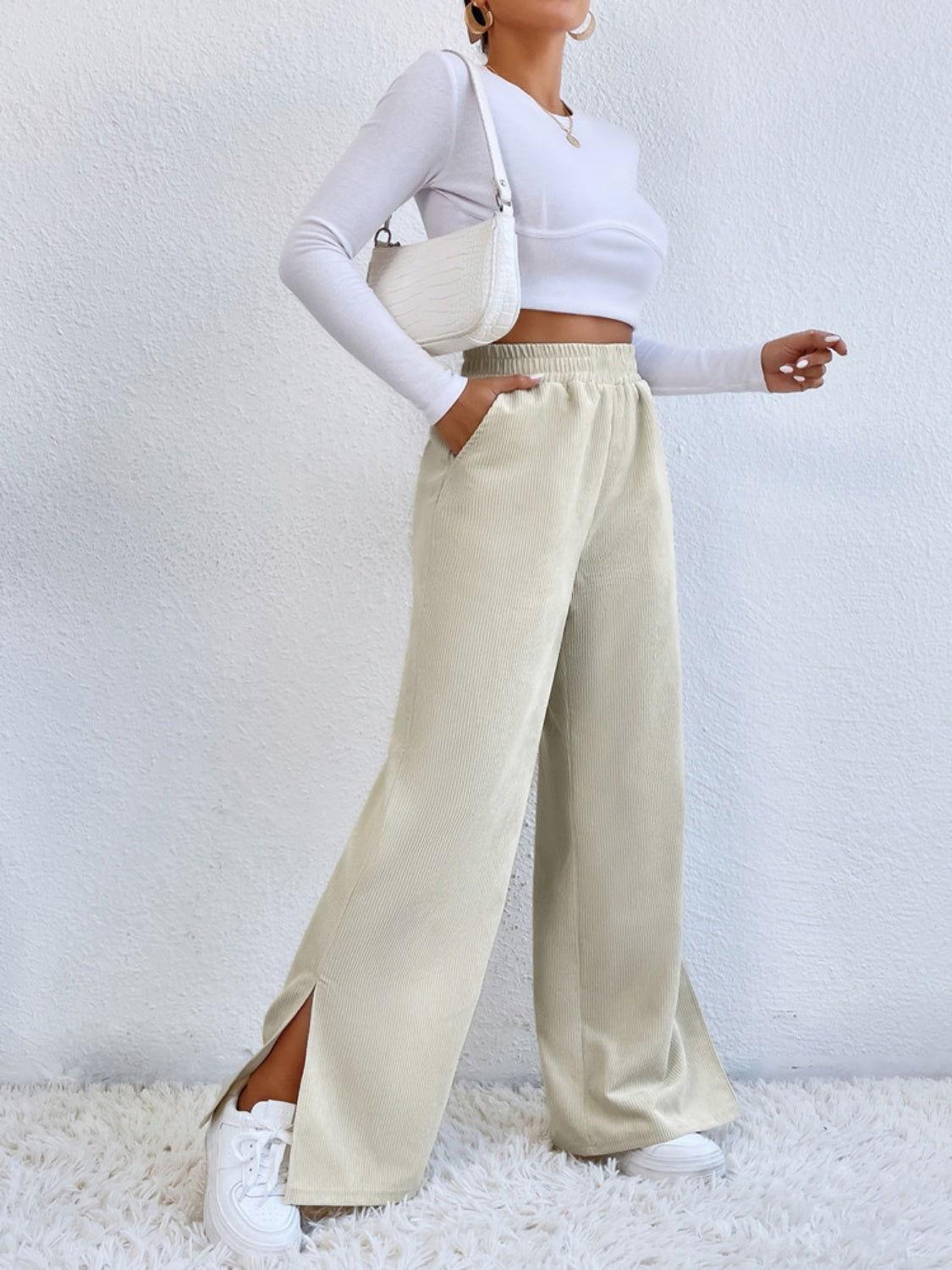 Slit Pocketed High Waist Wide Leg Pants - Clothes For Her Online Store