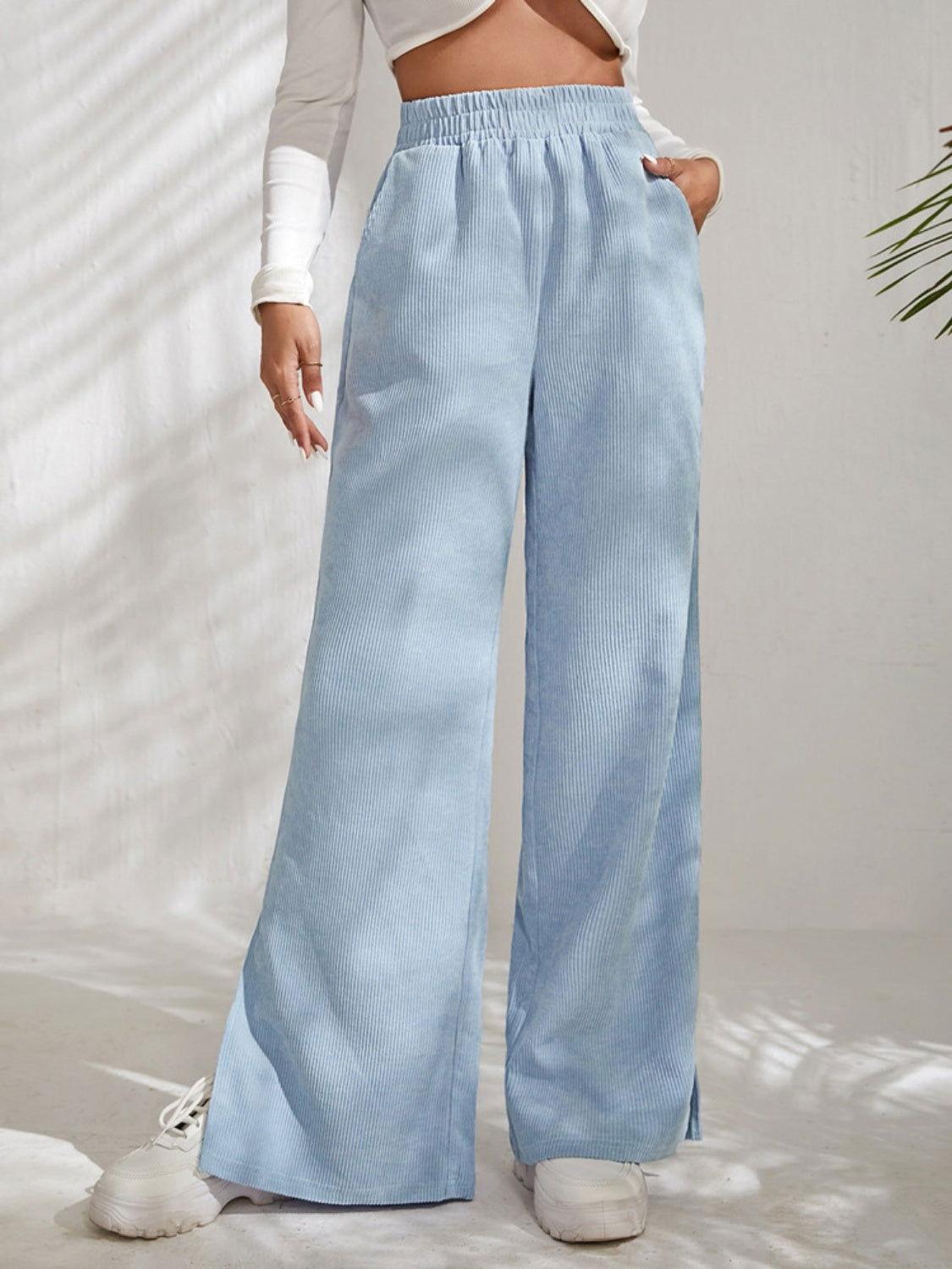 Slit Pocketed High Waist Wide Leg Pants - Clothes For Her Online Store