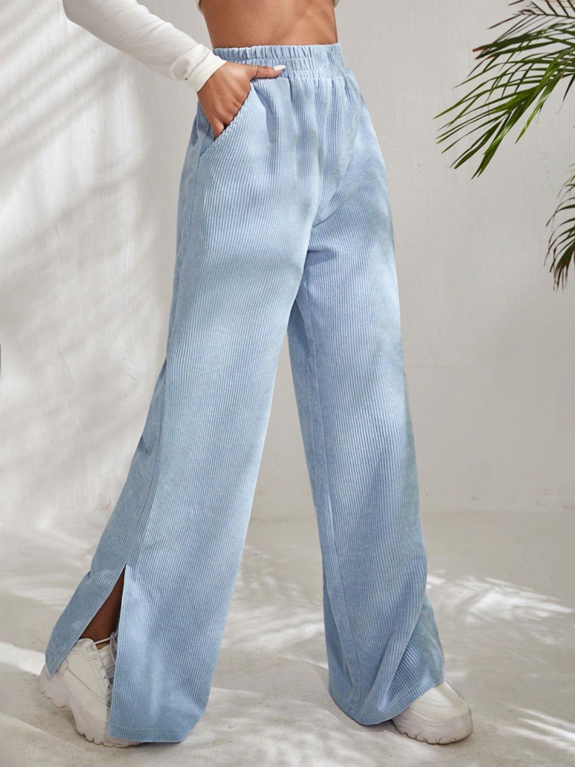 Slit Pocketed High Waist Wide Leg Pants - Clothes For Her Online Store