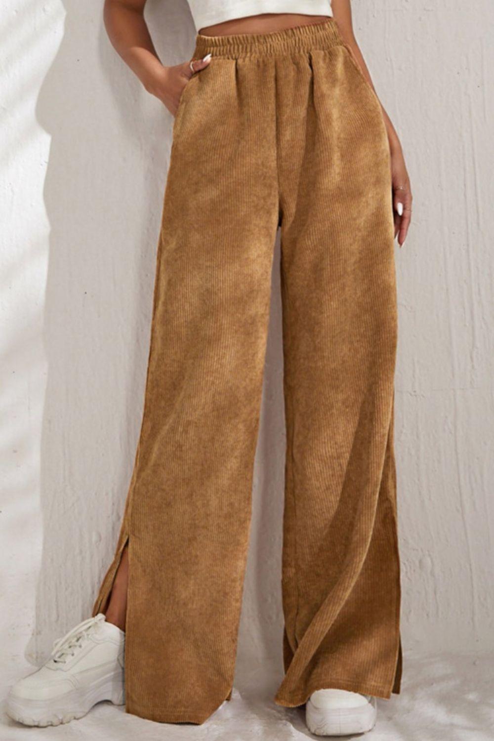 Slit Pocketed High Waist Wide Leg Pants - Clothes For Her Online Store