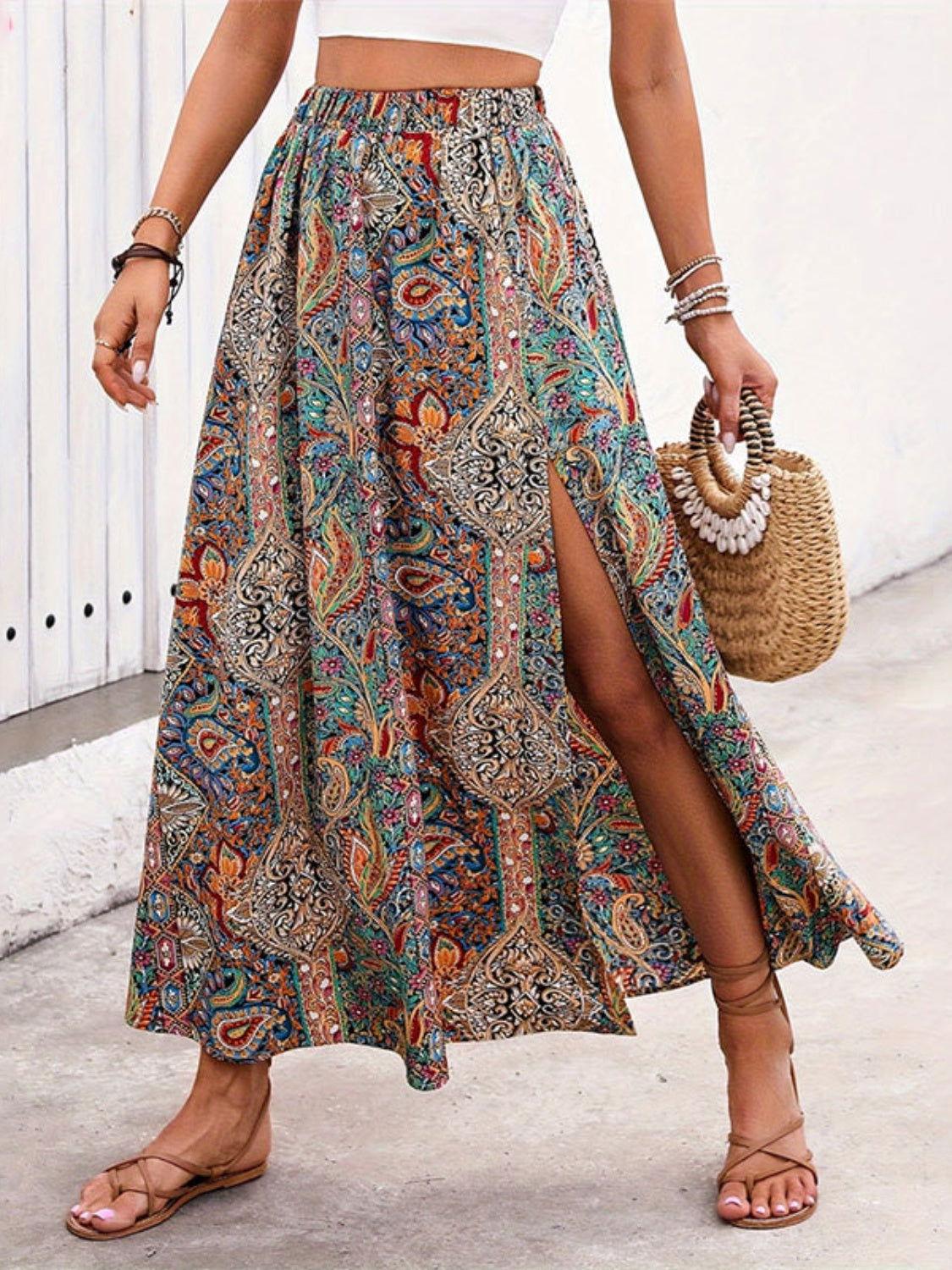 Slit Printed Elastic Waist Skirt - Clothes For Her Online Store