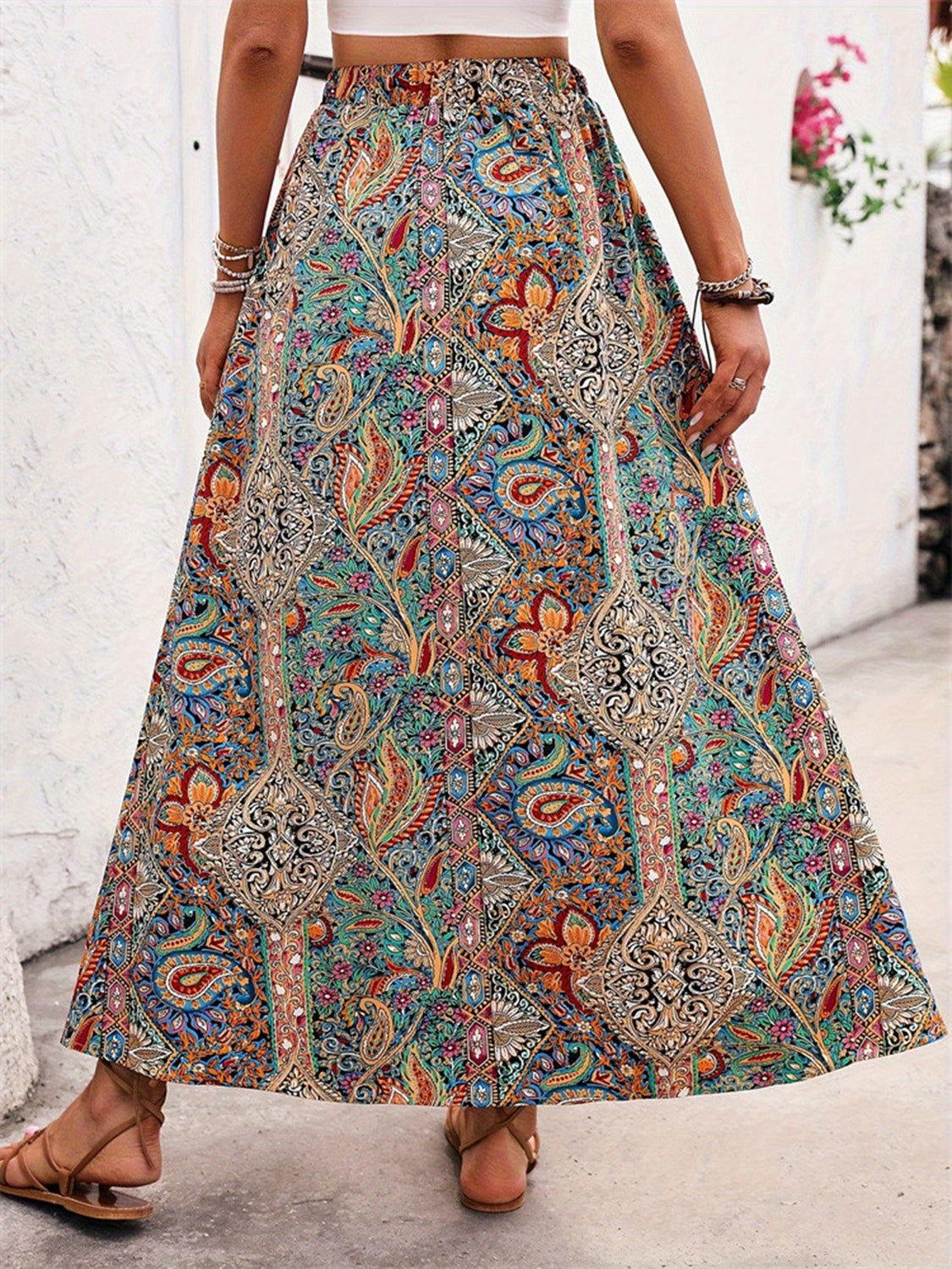 Slit Printed Elastic Waist Skirt - Clothes For Her Online Store