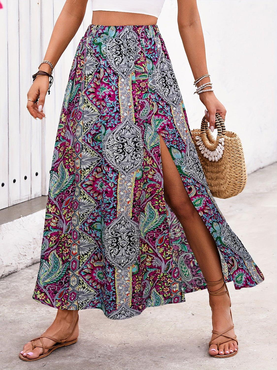Slit Printed Elastic Waist Skirt - Clothes For Her Online Store