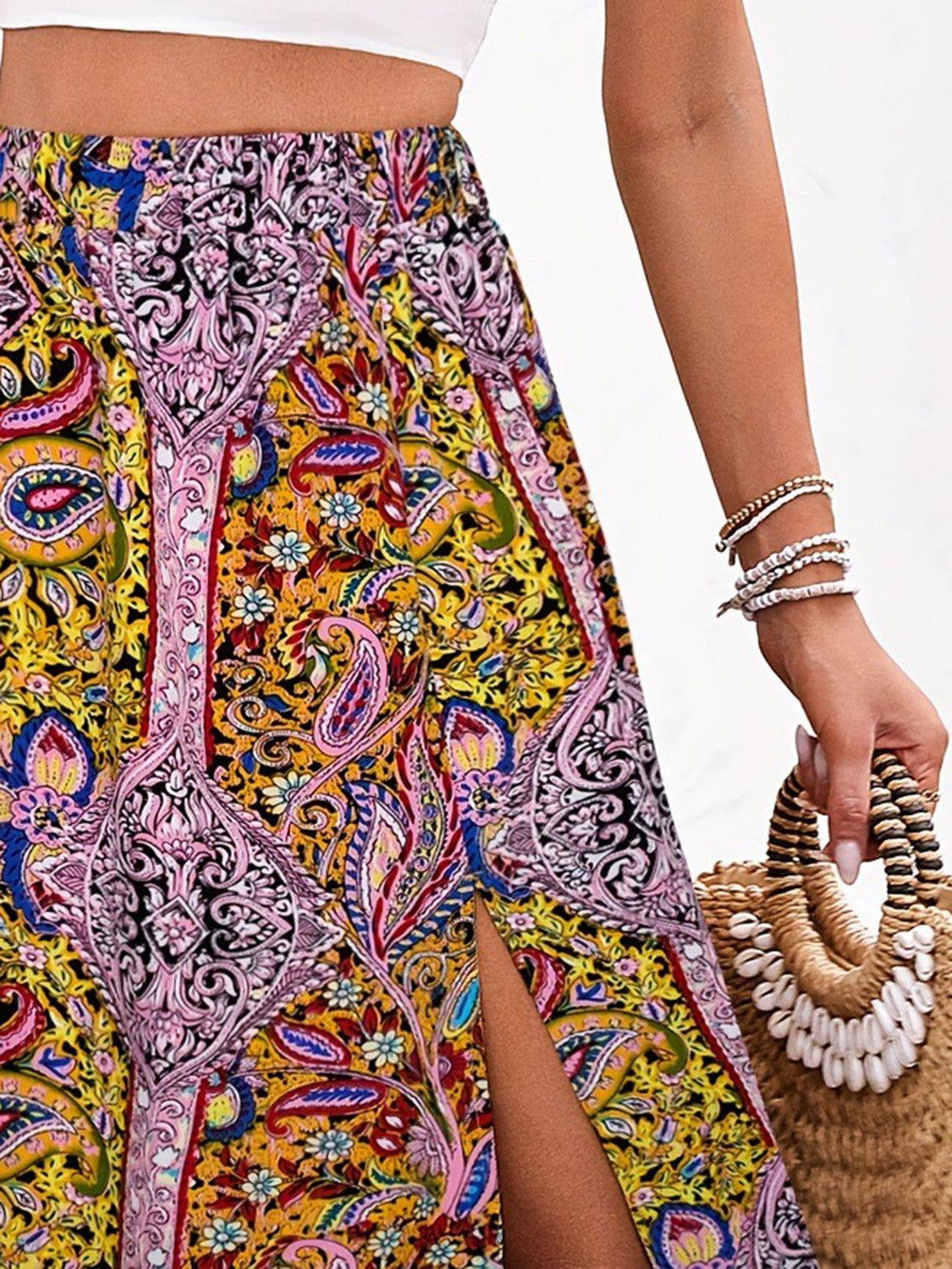 Slit Printed Elastic Waist Skirt - Clothes For Her Online Store