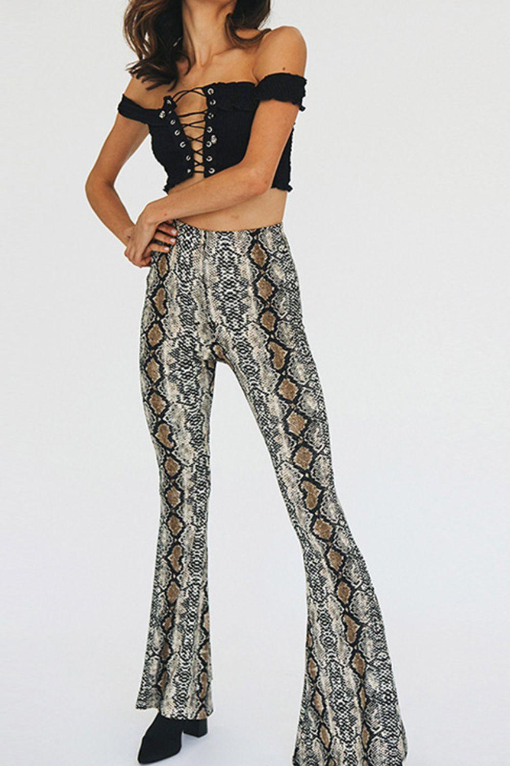 Snakeskin Print Flare Pants - Clothes For Her Online Store