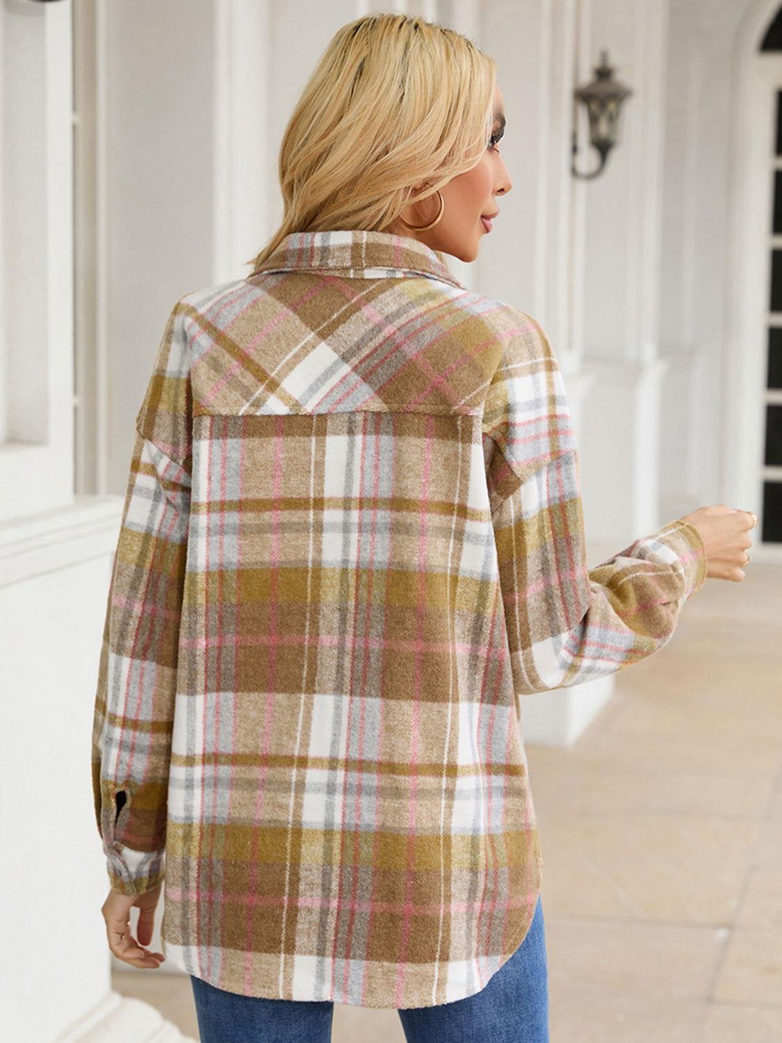 Snap Up Plaid Collared Neck Jacket with Pocket - Clothes For Her Online Store
