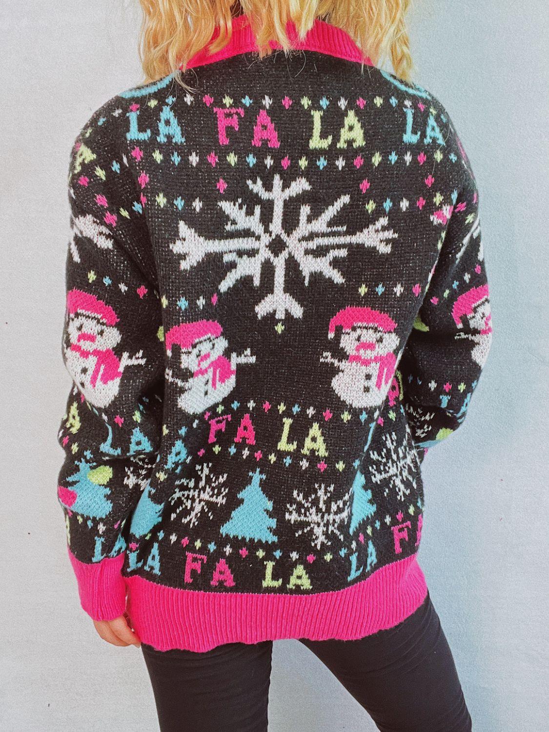 Snowman Contrast Trim Round Neck Sweater - Clothes For Her Online Store