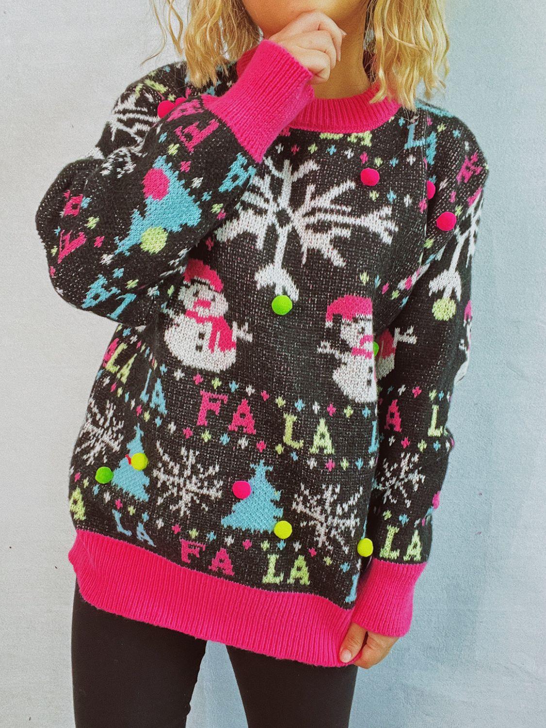 Snowman Contrast Trim Round Neck Sweater - Clothes For Her Online Store