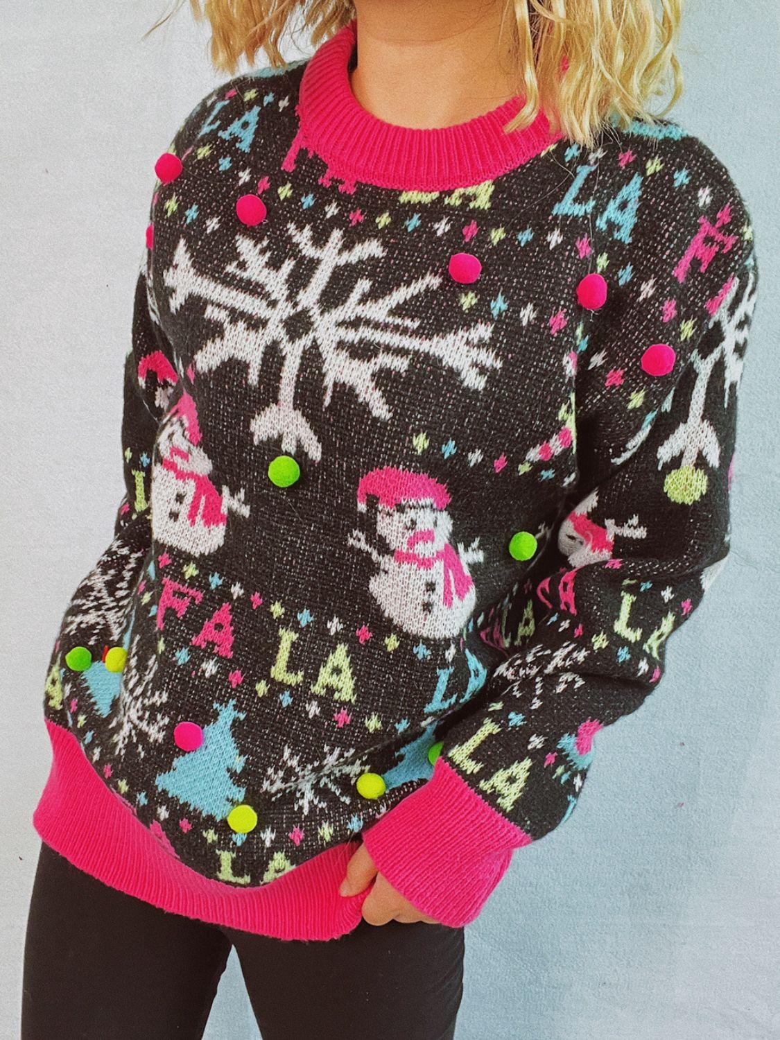 Snowman Contrast Trim Round Neck Sweater - Clothes For Her Online Store