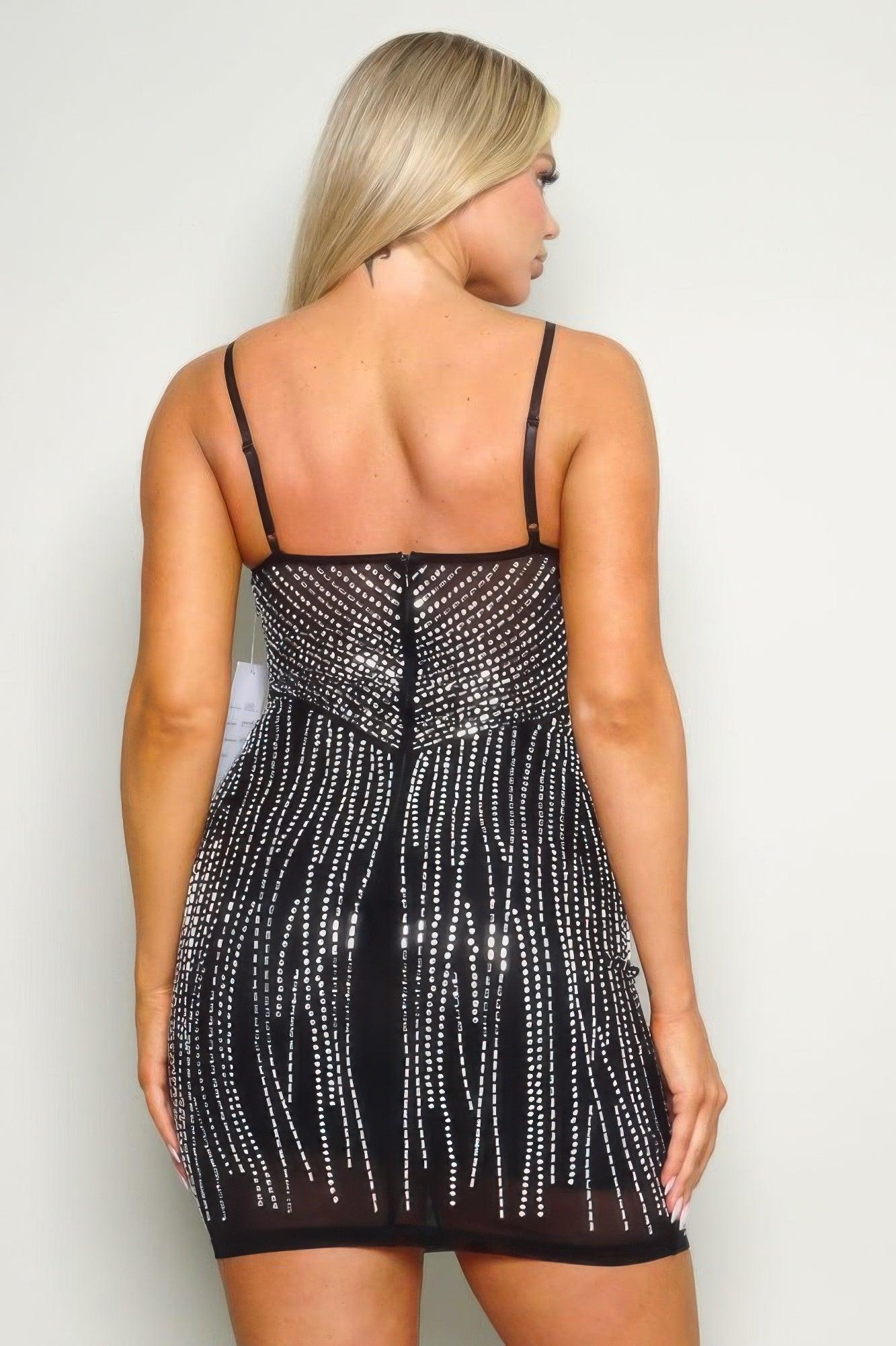 Spaghetti Strap Rhinestone Hot Fix Mini Dress - Clothes For Her Online Store