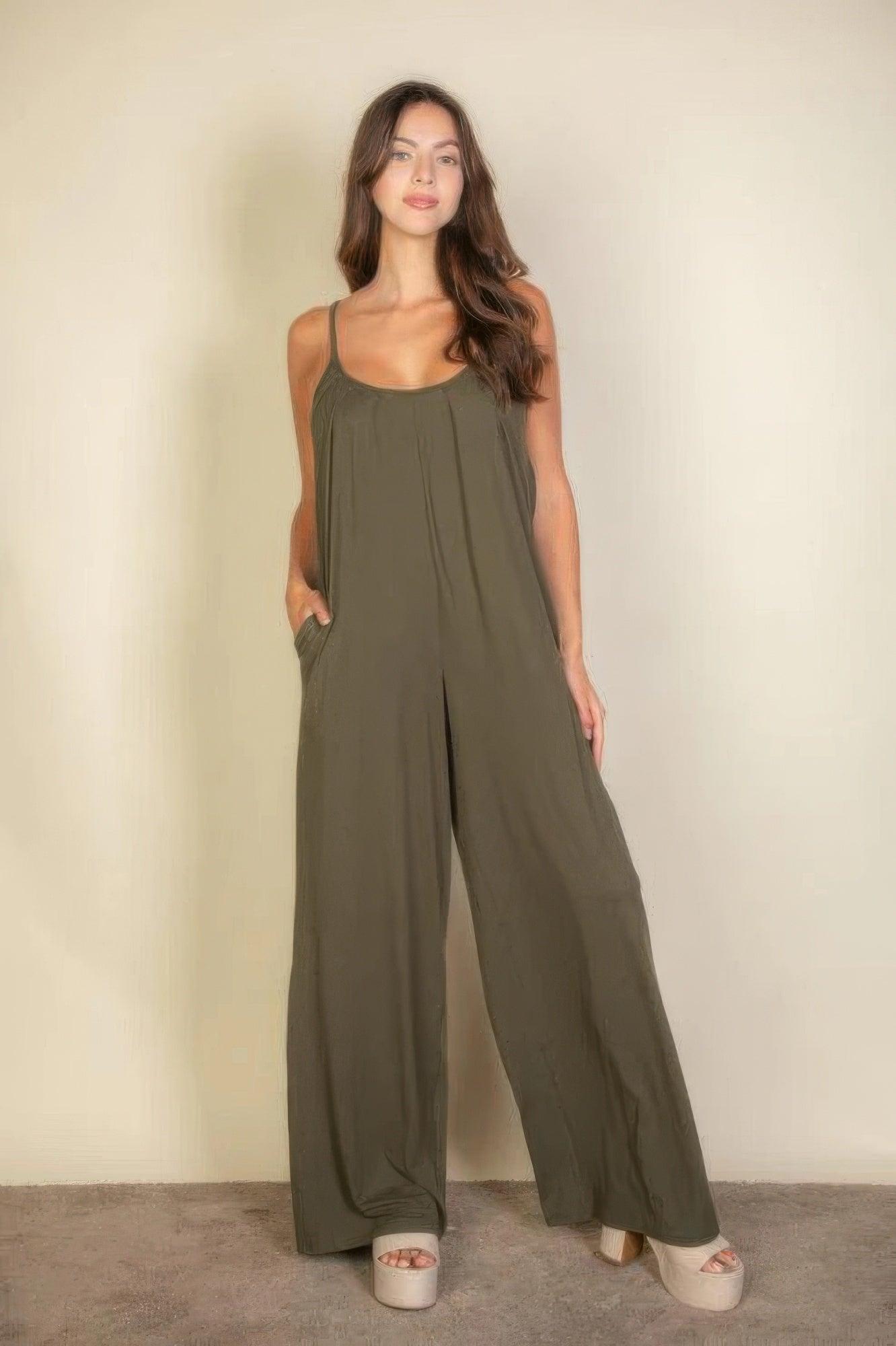 Spaghetti Strap Solid Wide Jumpsuit - Clothes For Her Online Store