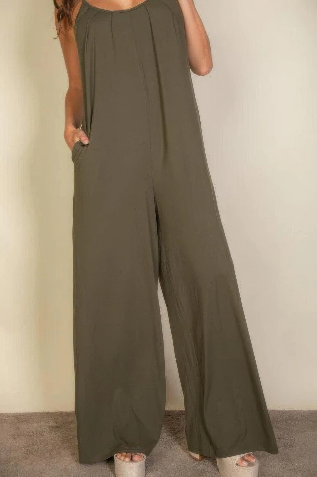 Spaghetti Strap Solid Wide Jumpsuit - Clothes For Her Online Store