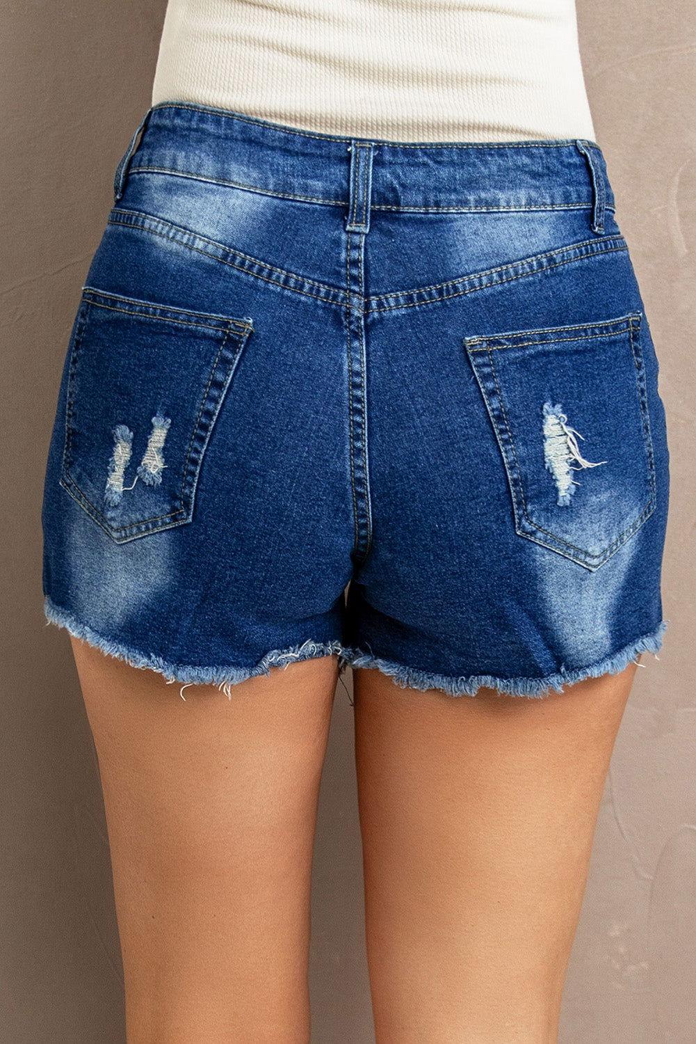 Spliced Lace Distressed Denim Shorts - Clothes For Her Online Store