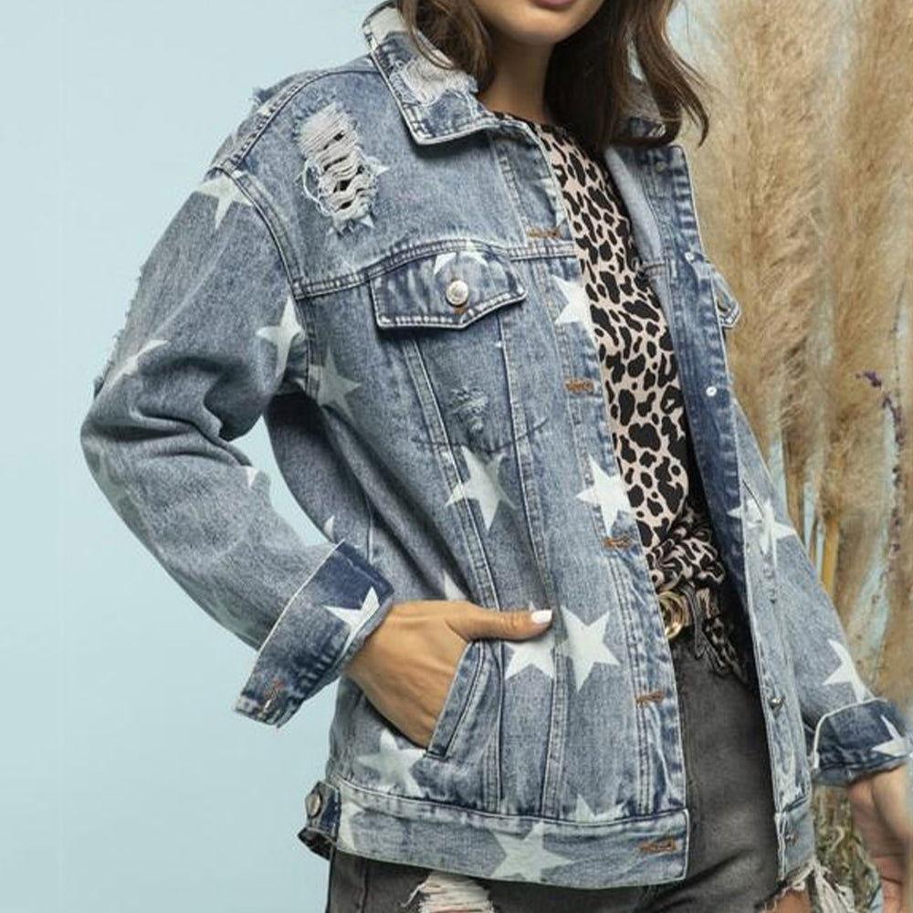 Star Distressed Denim Shacket - Clothes For Her Online Store