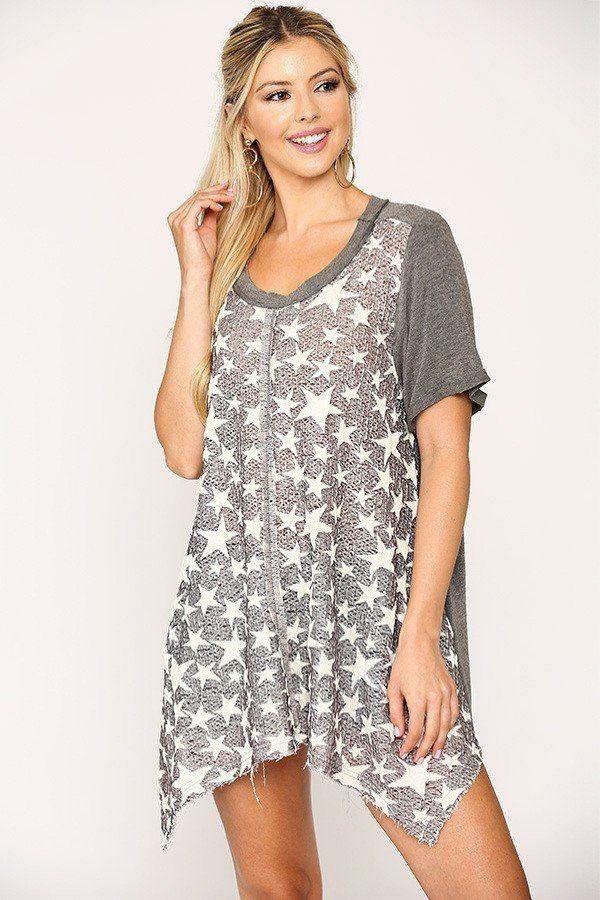 Star Textured Knit Mixed Tunic Top With Shark Bite Hem - Clothes For Her Online Store