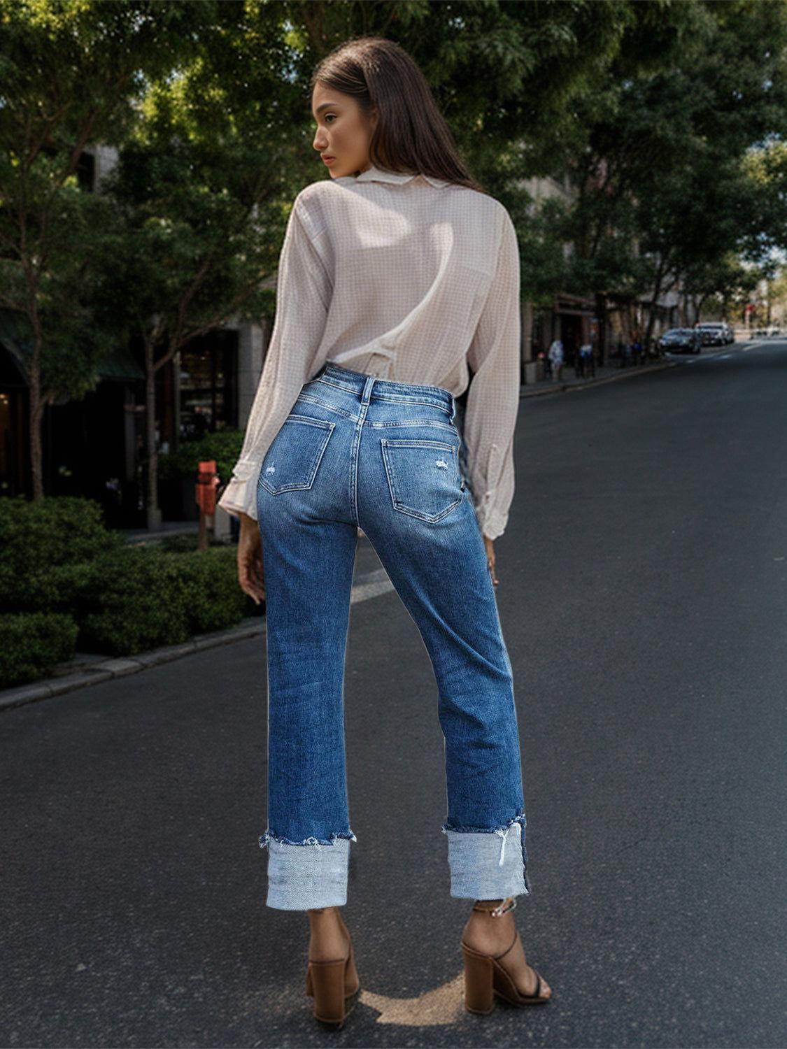 Stepped Waist Raw Hem Rolled Straight Jeans - Clothes For Her Online Store