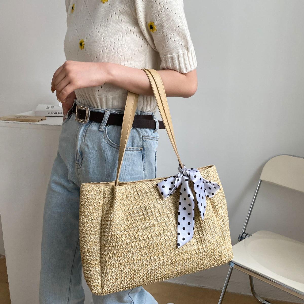 Straw Woven Leather Strap Handbag - Clothes For Her Online Store
