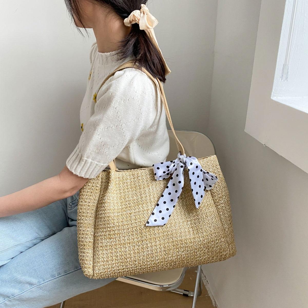Straw Woven Leather Strap Handbag - Clothes For Her Online Store