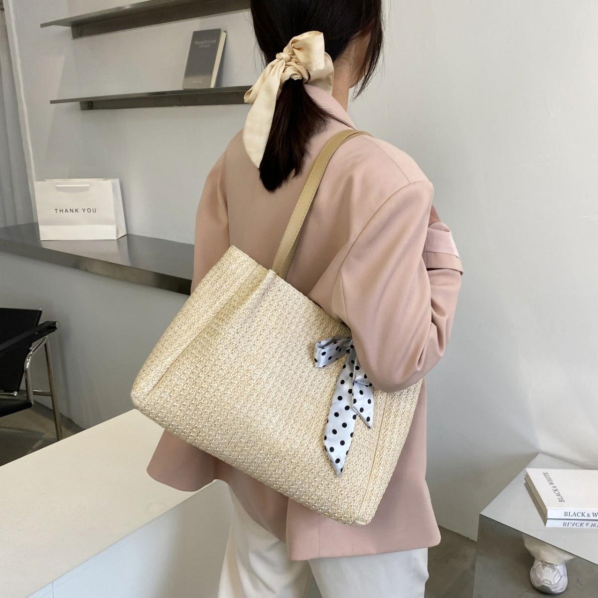 Straw Woven Leather Strap Handbag - Clothes For Her Online Store