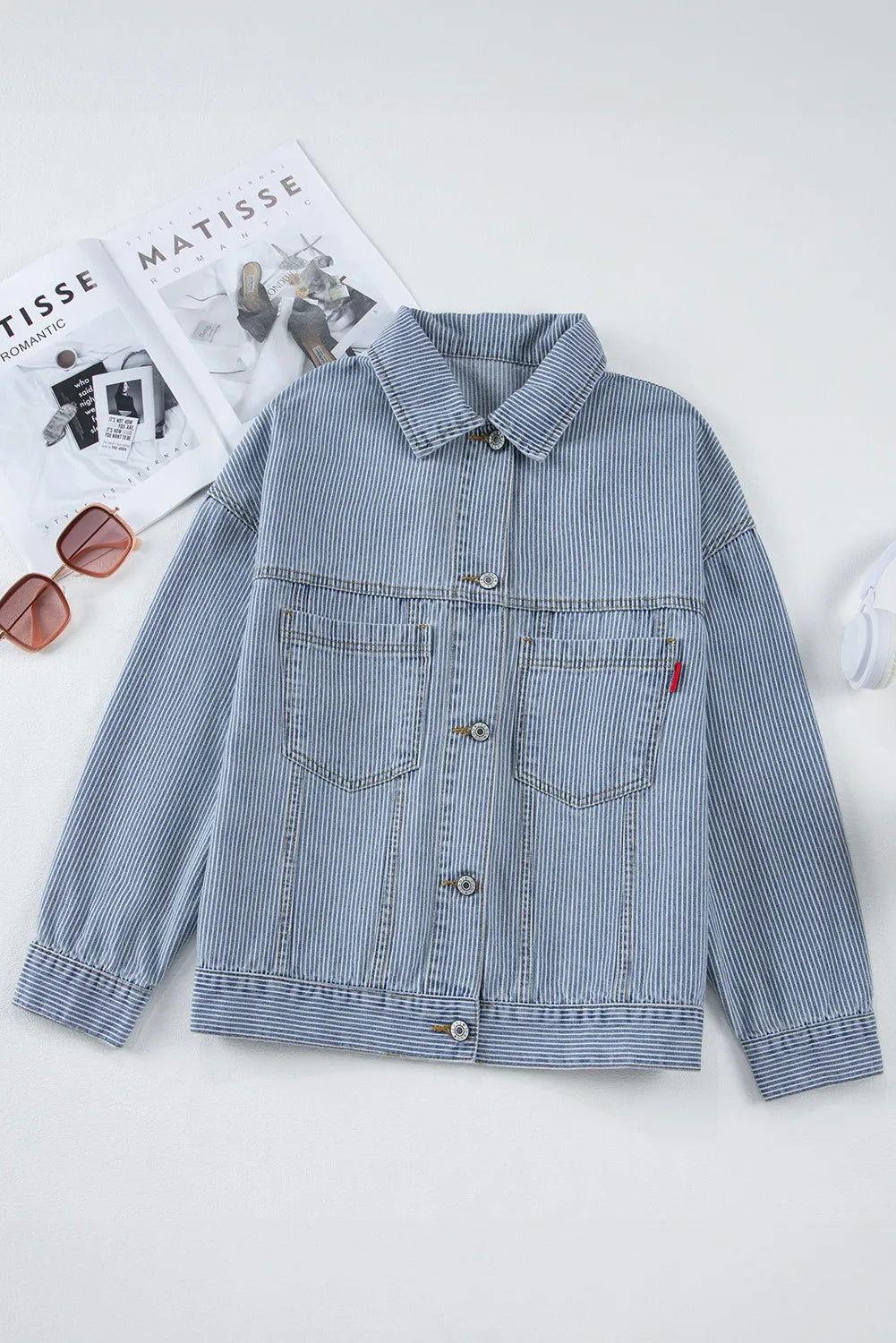 Striped Button Up Long Sleeve Denim Jacket - Clothes For Her Online Store