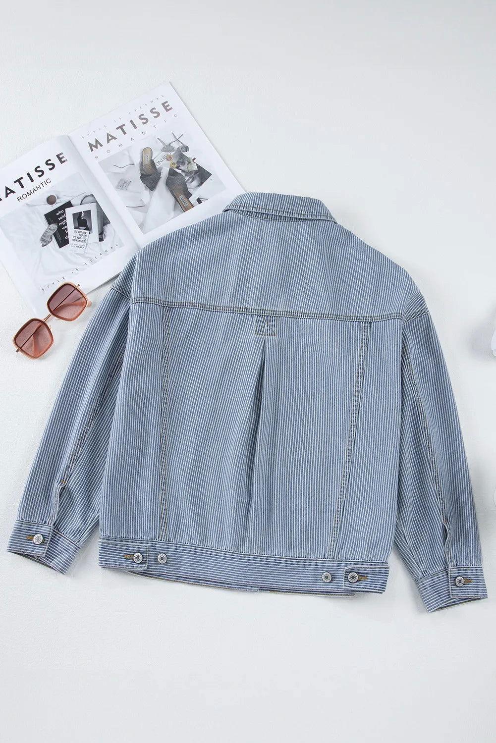 Striped Button Up Long Sleeve Denim Jacket - Clothes For Her Online Store