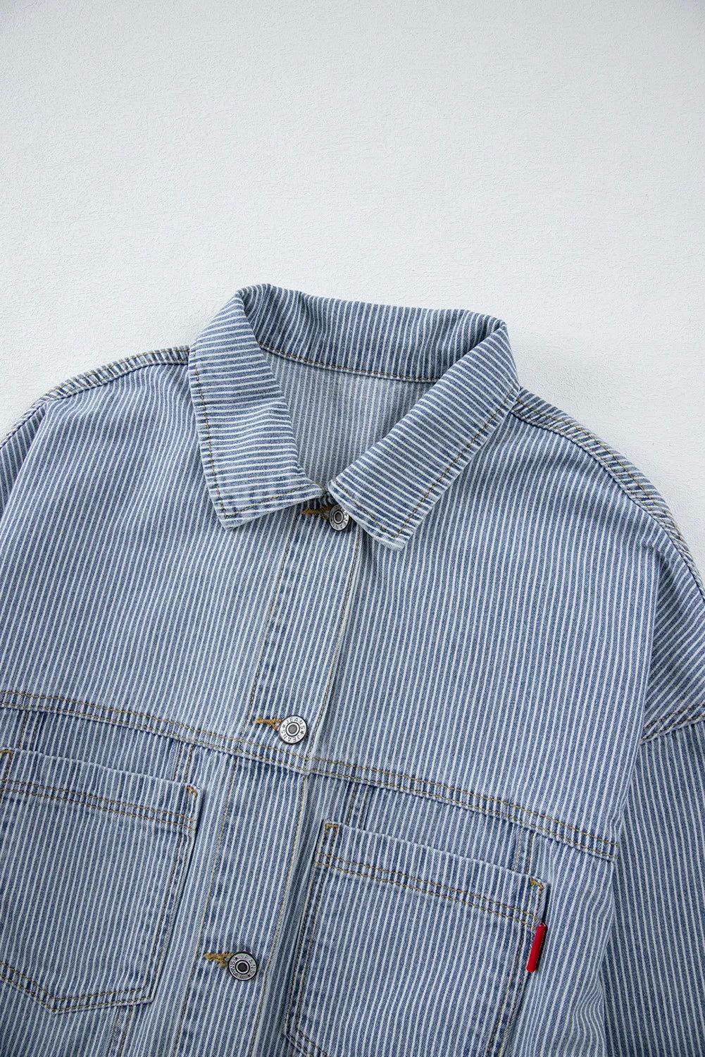 Striped Button Up Long Sleeve Denim Jacket - Clothes For Her Online Store