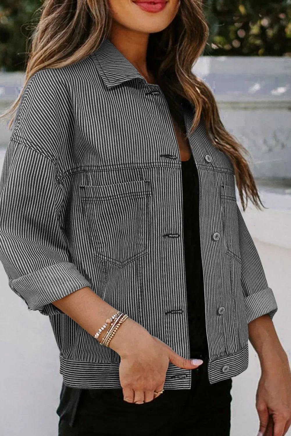 Striped Button Up Long Sleeve Denim Jacket - Clothes For Her Online Store